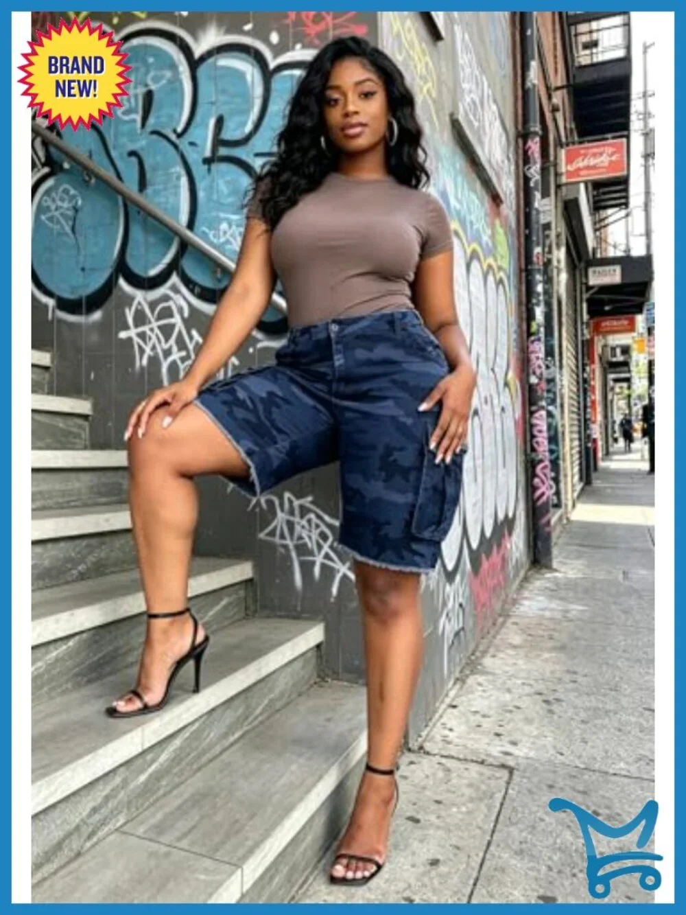 High Waisted Camo Cargo Bermuda Shorts - Wide Leg Stretchy Denim Jorts